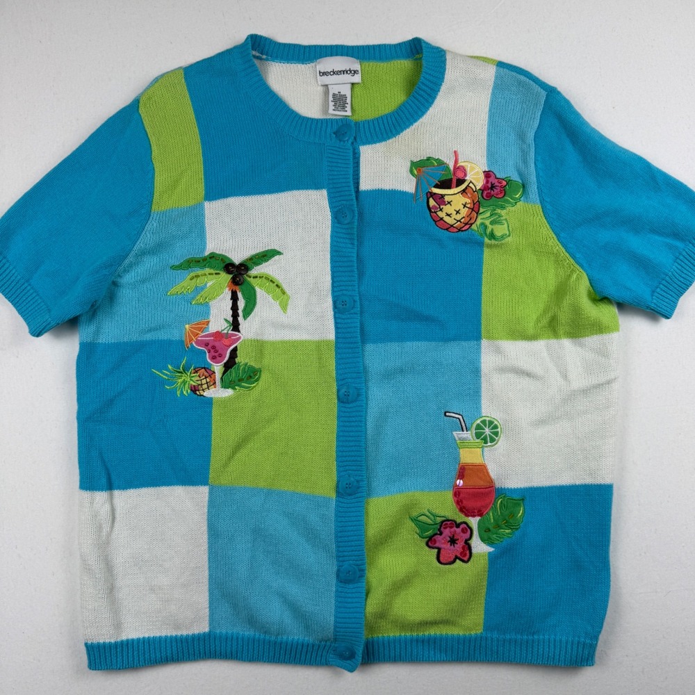 Breckenridge Womens Medium Tropical Colorblock Cardigan Short Sleeve Blue Green